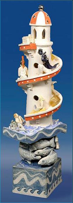 Malcolm Law ceramics
Helter Skelter Nautical, Ceramic Sculpture
Stoneware, T Material, underglaze colours plus gold and platinum lustre. Height 47 cms 
©Malcolm Law
