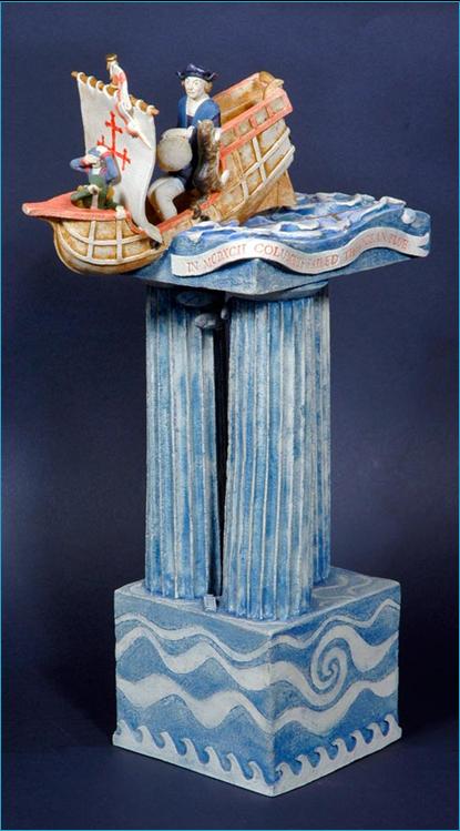 Malcolm Law Ceramics
Columbus discovering the edge of the World, Ceramic Sculpture
Stoneware, T Material, underglaze colours plus gold and platinum lustre. Height 41 cms 
©Malcolm Law