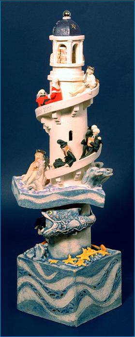 Malcolm Law ceramics
Helter Skelter Legal, Ceramic Sculpture
Stoneware, T Material, underglaze colours plus gold and platinum lustre. Height 47 cms 
©Malcolm Law